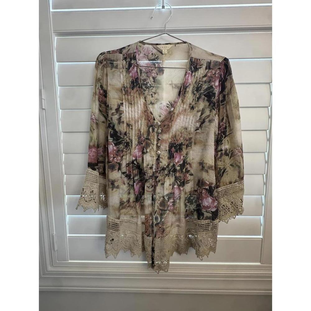 Adiva Boho Floral with Lace Detail 3/4 Sleeve Blouse size Large